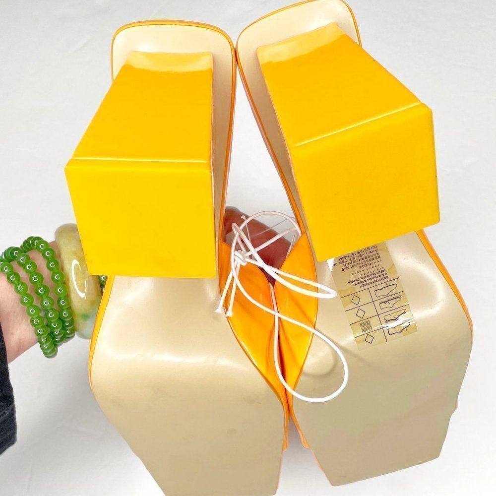 H&M Square Toe Chunky Heel Patent Mules Sandals in Yellow Orange Size 7 NEW - Picture 7 of 11